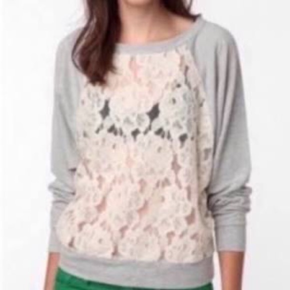 Urban Outfitters Cream Floral Lace Light Gray Fleece Sweatshirt - Picture 1 of 8